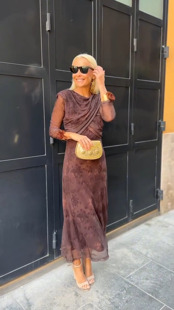 Brown Floral Sheer Mesh Draped Midi Dress