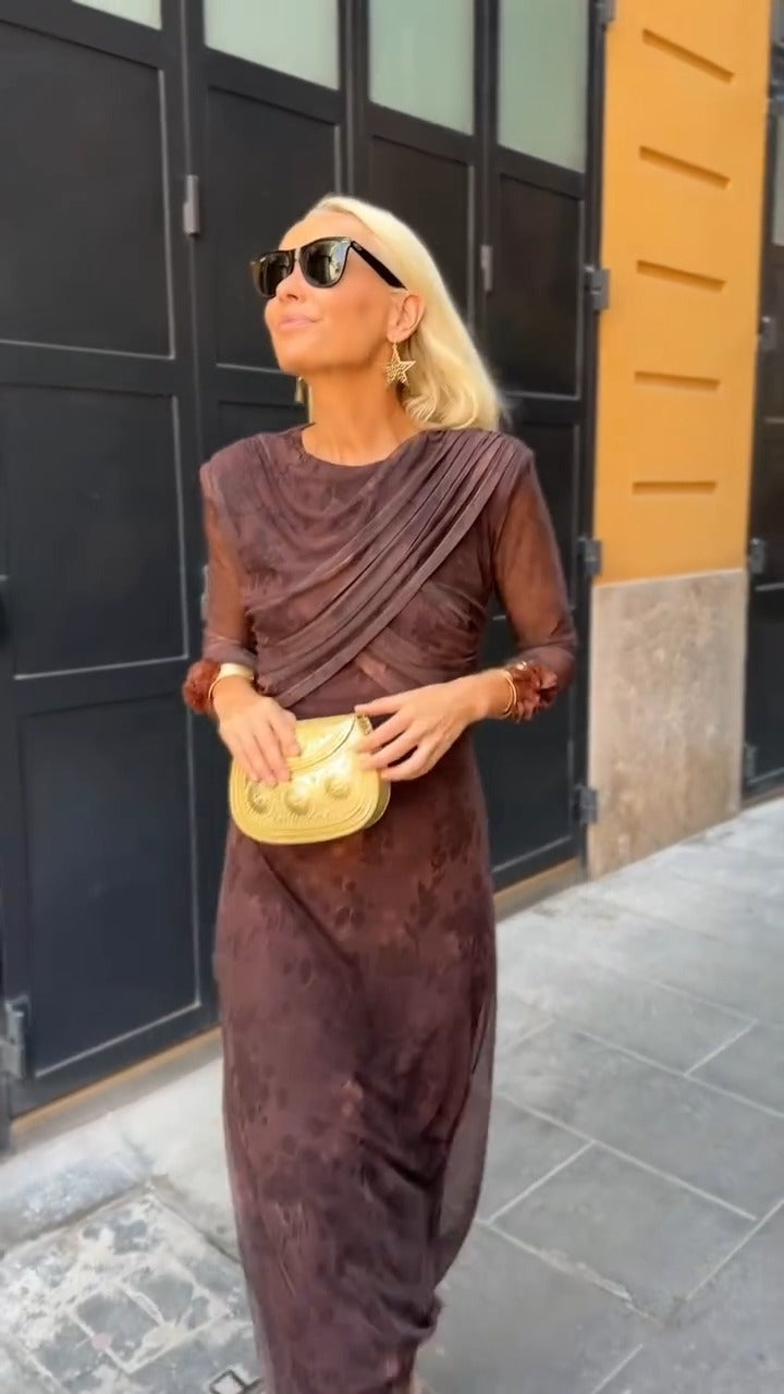 Brown Floral Sheer Mesh Draped Midi Dress