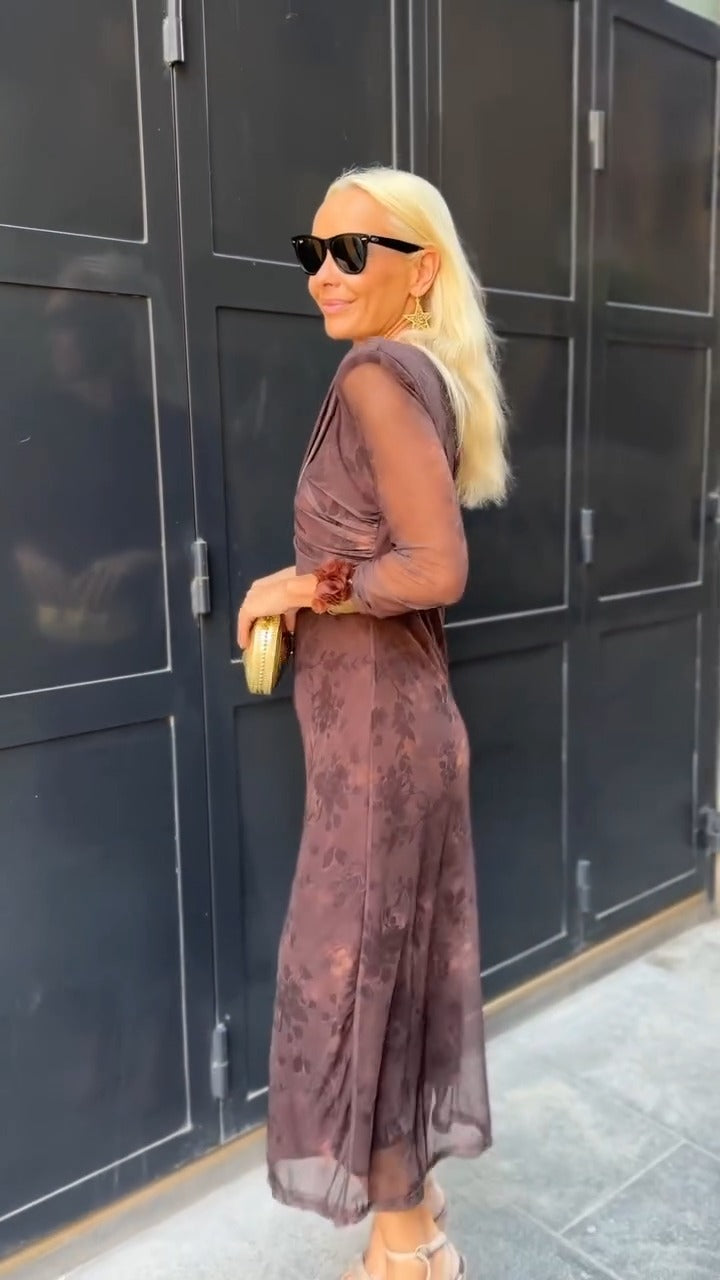 Brown Floral Sheer Mesh Draped Midi Dress