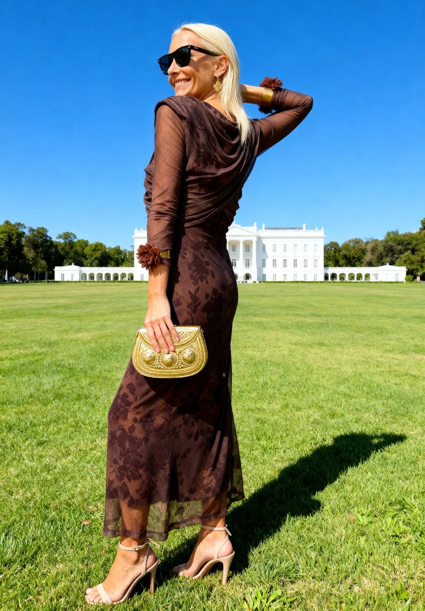 Brown Floral Sheer Mesh Draped Midi Dress