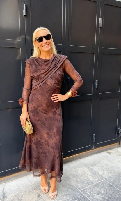 Brown Floral Sheer Mesh Draped Midi Dress