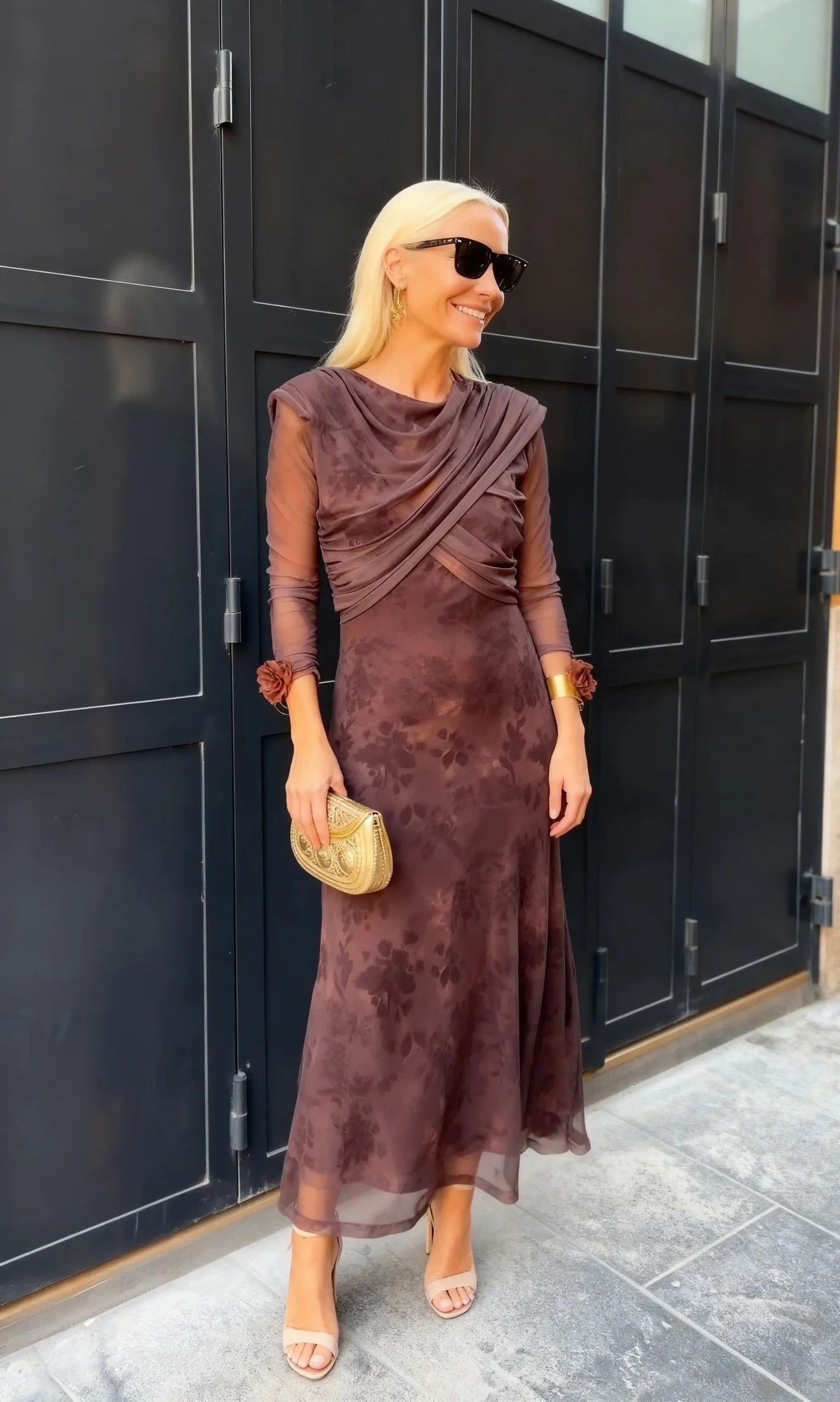 Brown Floral Sheer Mesh Draped Midi Dress