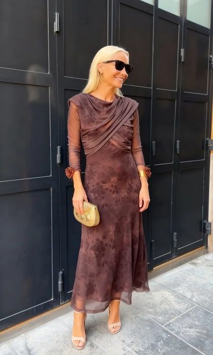 Brown Floral Sheer Mesh Draped Midi Dress