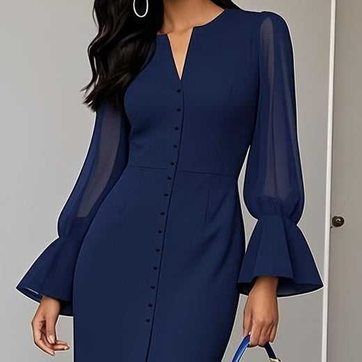Blue V-Neck Long Sleeve Midi Dress