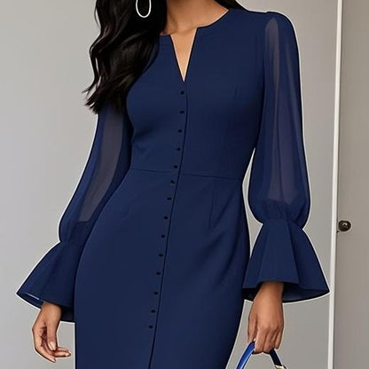 Blue V-Neck Long Sleeve Midi Dress