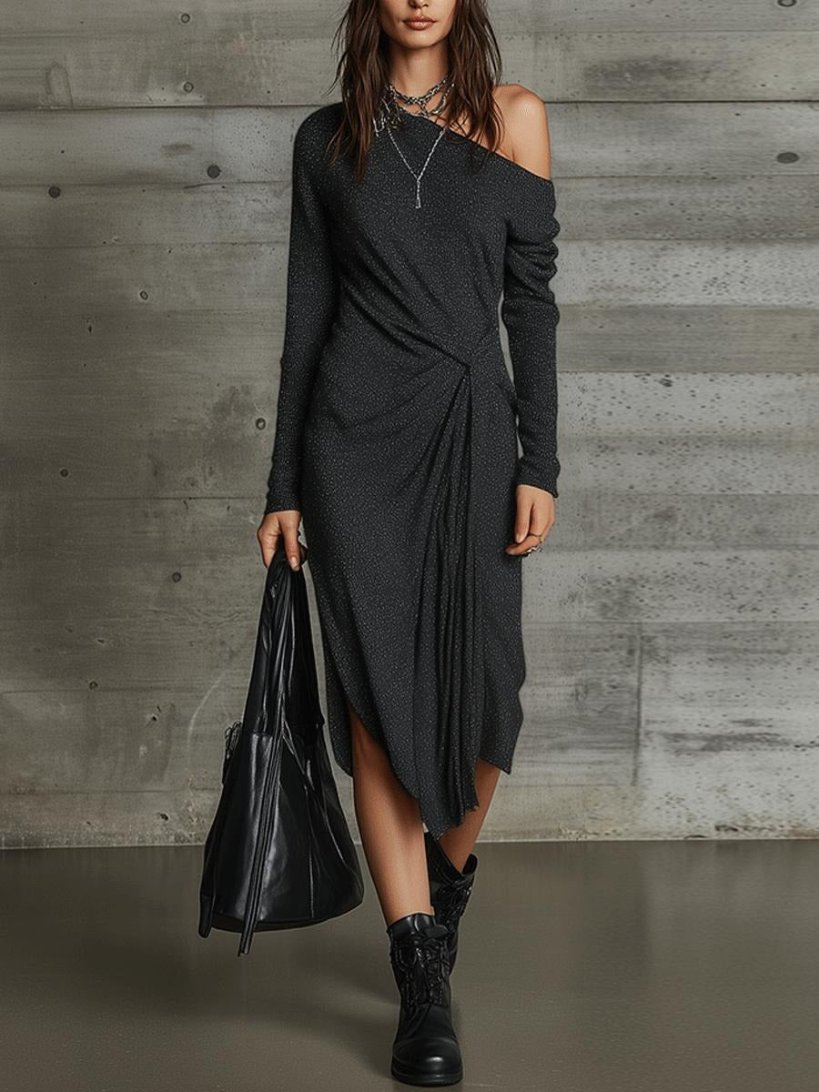Black Long Sleeve Plain Midi Dress