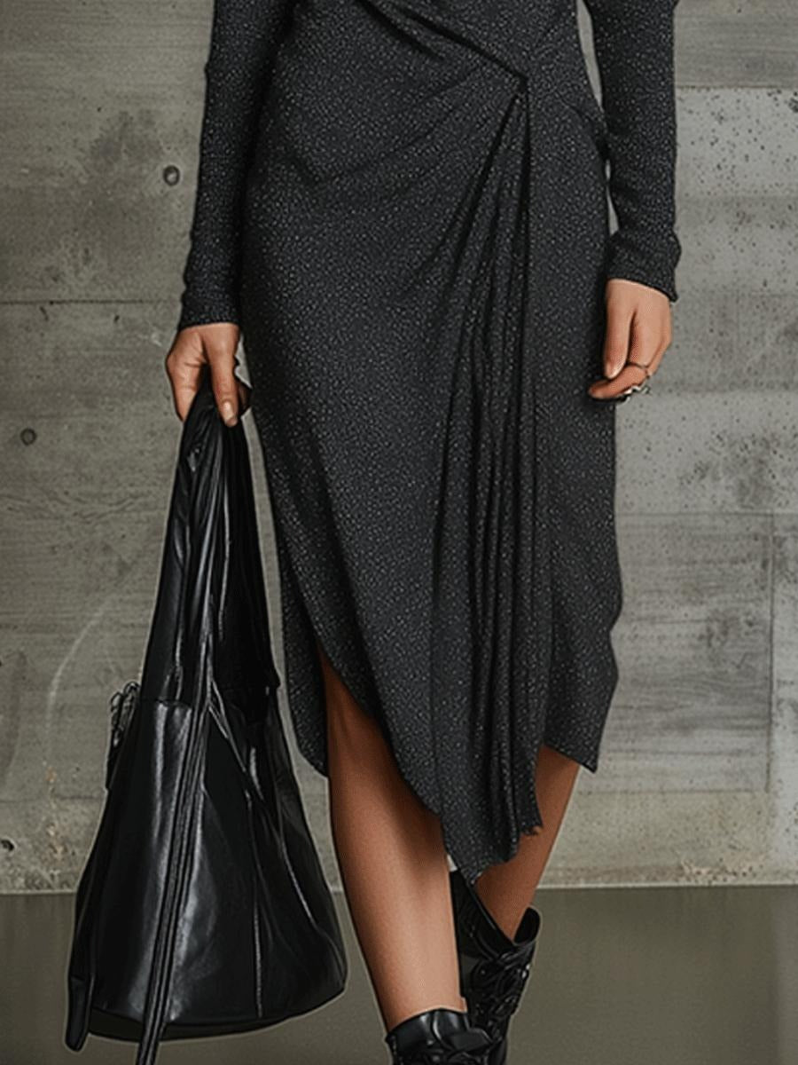 Black Long Sleeve Plain Midi Dress