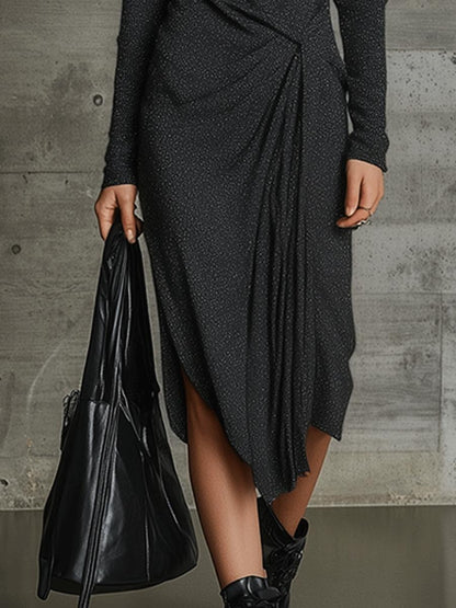 Black Long Sleeve Plain Midi Dress