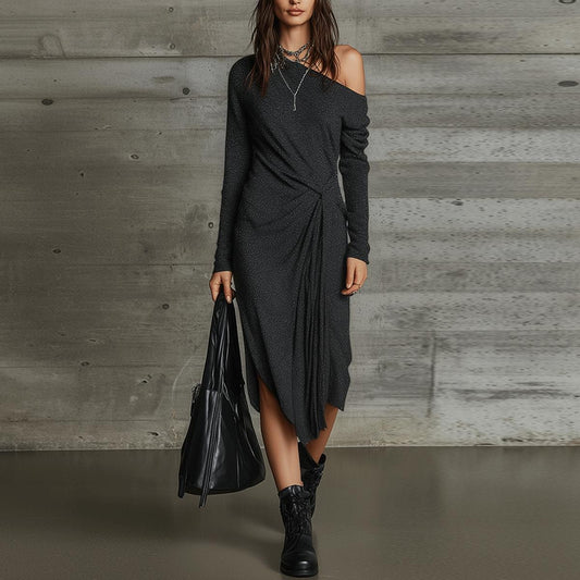 Black Long Sleeve Plain Midi Dress