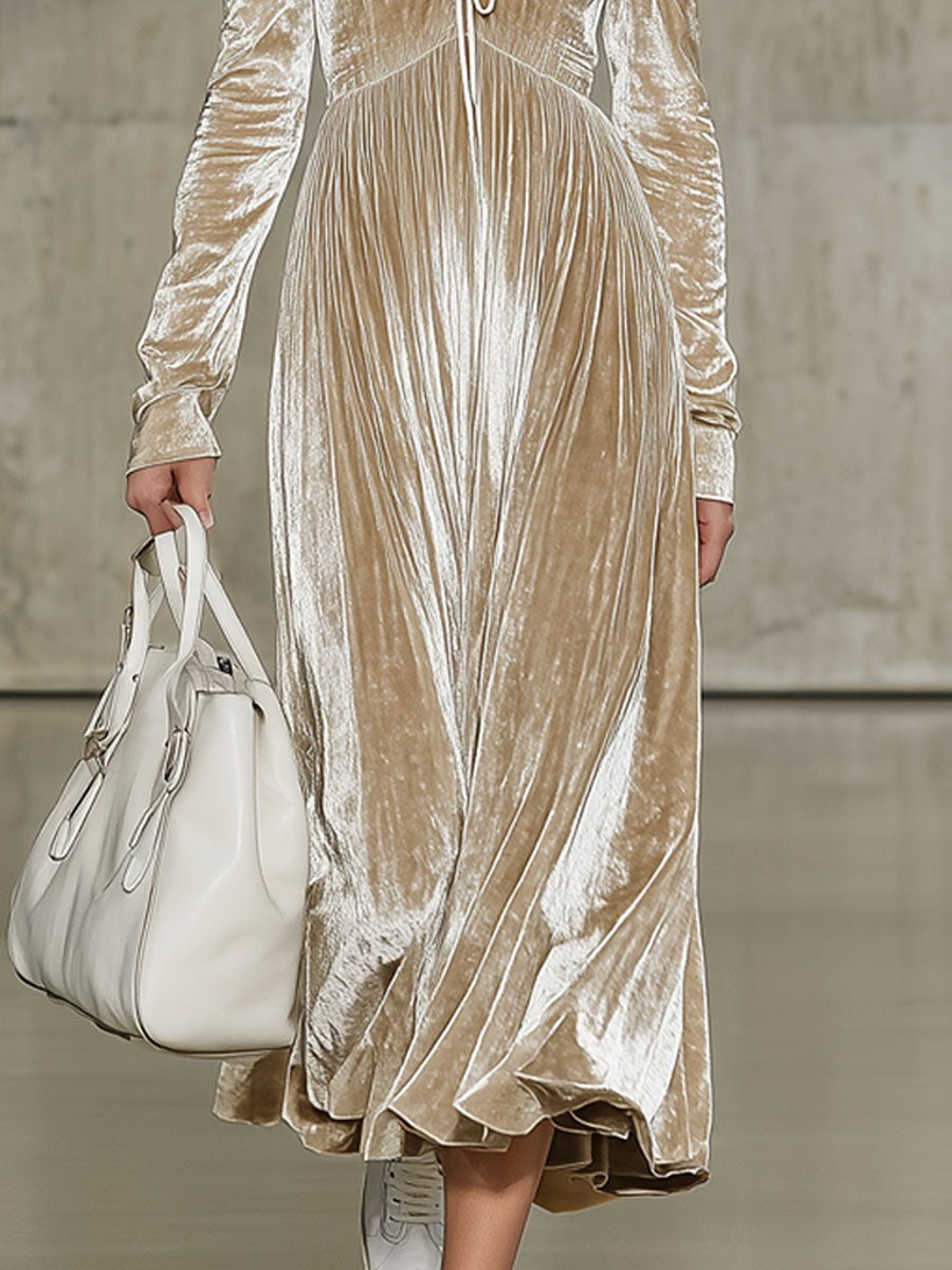Fashion Retro Champagne Velvet Pleated Lace-Up Long-Sleeved Midi Dress