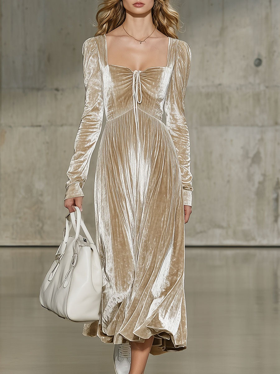 Fashion Retro Champagne Velvet Pleated Lace-Up Long-Sleeved Midi Dress