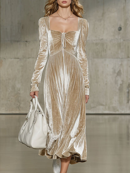 Fashion Retro Champagne Velvet Pleated Lace-Up Long-Sleeved Midi Dress