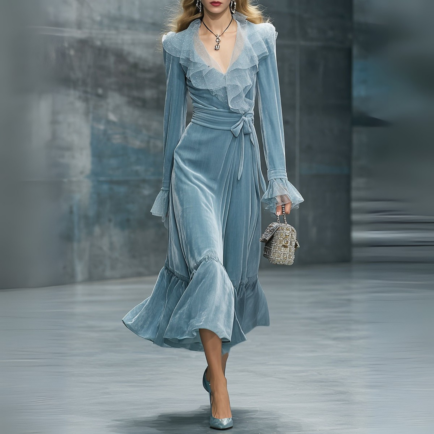 Retro And Fashionable Gauze Collar Light Blue Velvet Maxi Dress