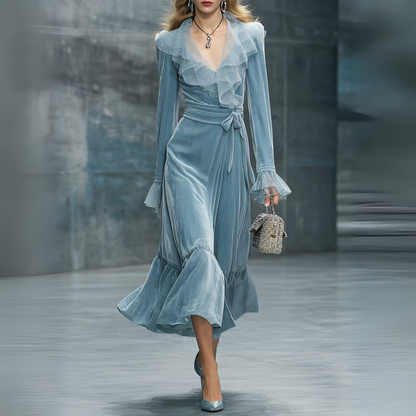 Retro And Fashionable Gauze Collar Light Blue Velvet Maxi Dress