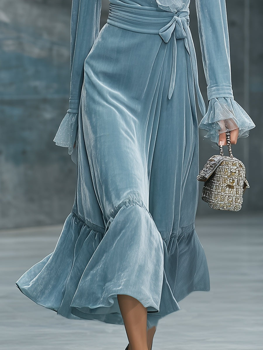 Retro And Fashionable Gauze Collar Light Blue Velvet Maxi Dress