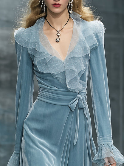 Retro And Fashionable Gauze Collar Light Blue Velvet Maxi Dress