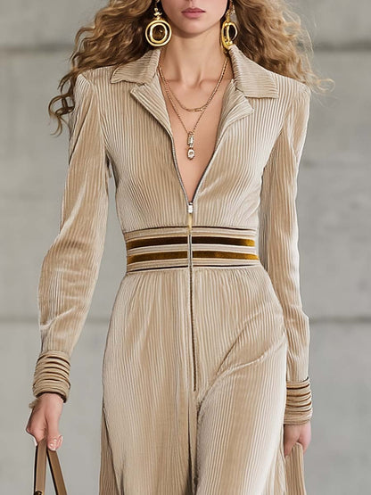 Elegant And Exquisite Retro Sports V-neck Front Zipper Beige Textured Velvet Maxi Dress