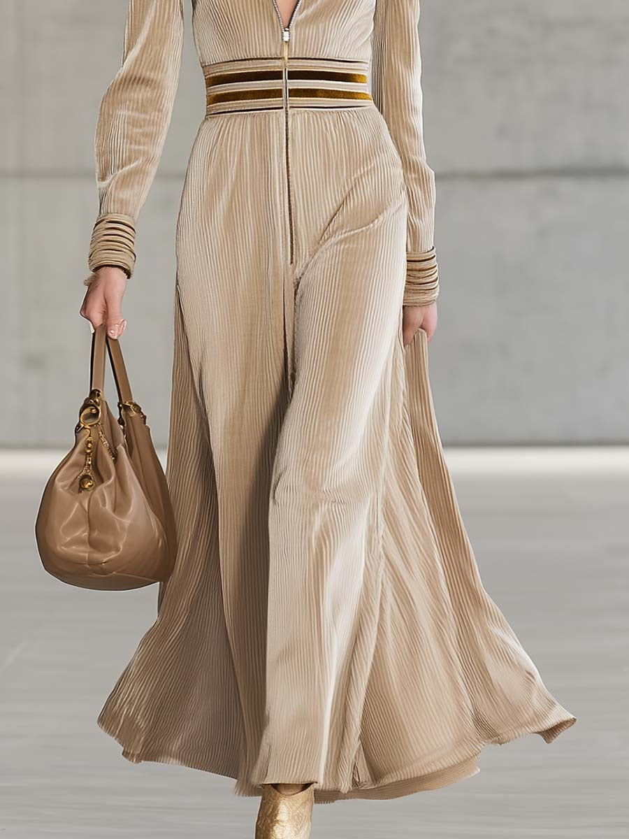 Elegant And Exquisite Retro Sports V-neck Front Zipper Beige Textured Velvet Maxi Dress