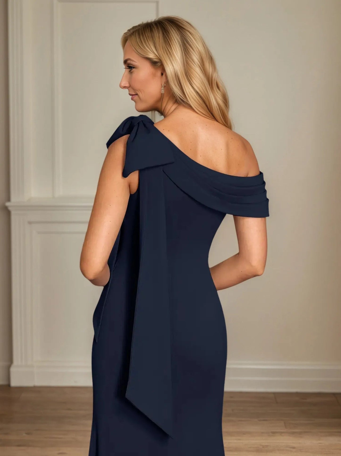 One Shoulder Sleeveless Stretch Crepe Dress With Bow