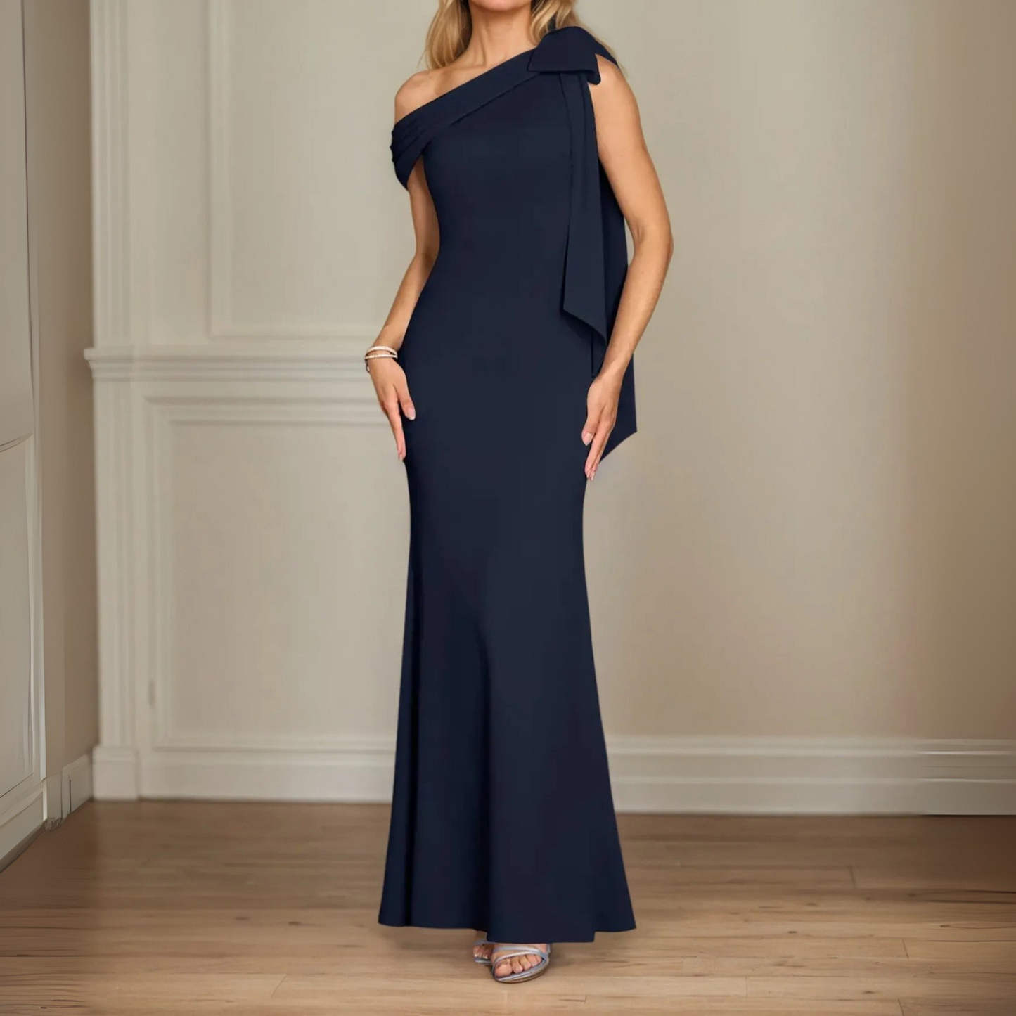 One Shoulder Sleeveless Stretch Crepe Dress With Bow