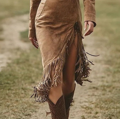 Tan Suede Western Fringe Midi Dress