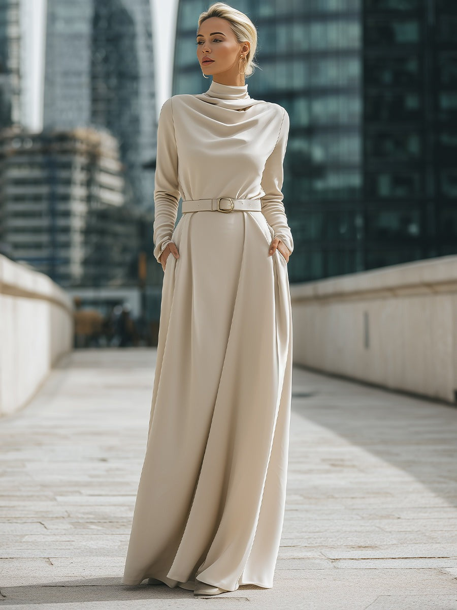 Ivory Draped High-Neck Belted Maxi Dress