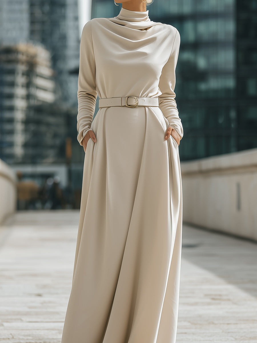Ivory Draped High-Neck Belted Maxi Dress