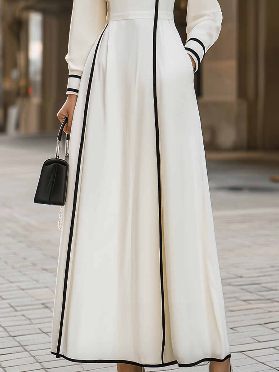 Elegant Mandarin - Collar Maxi Dress With Black Trim