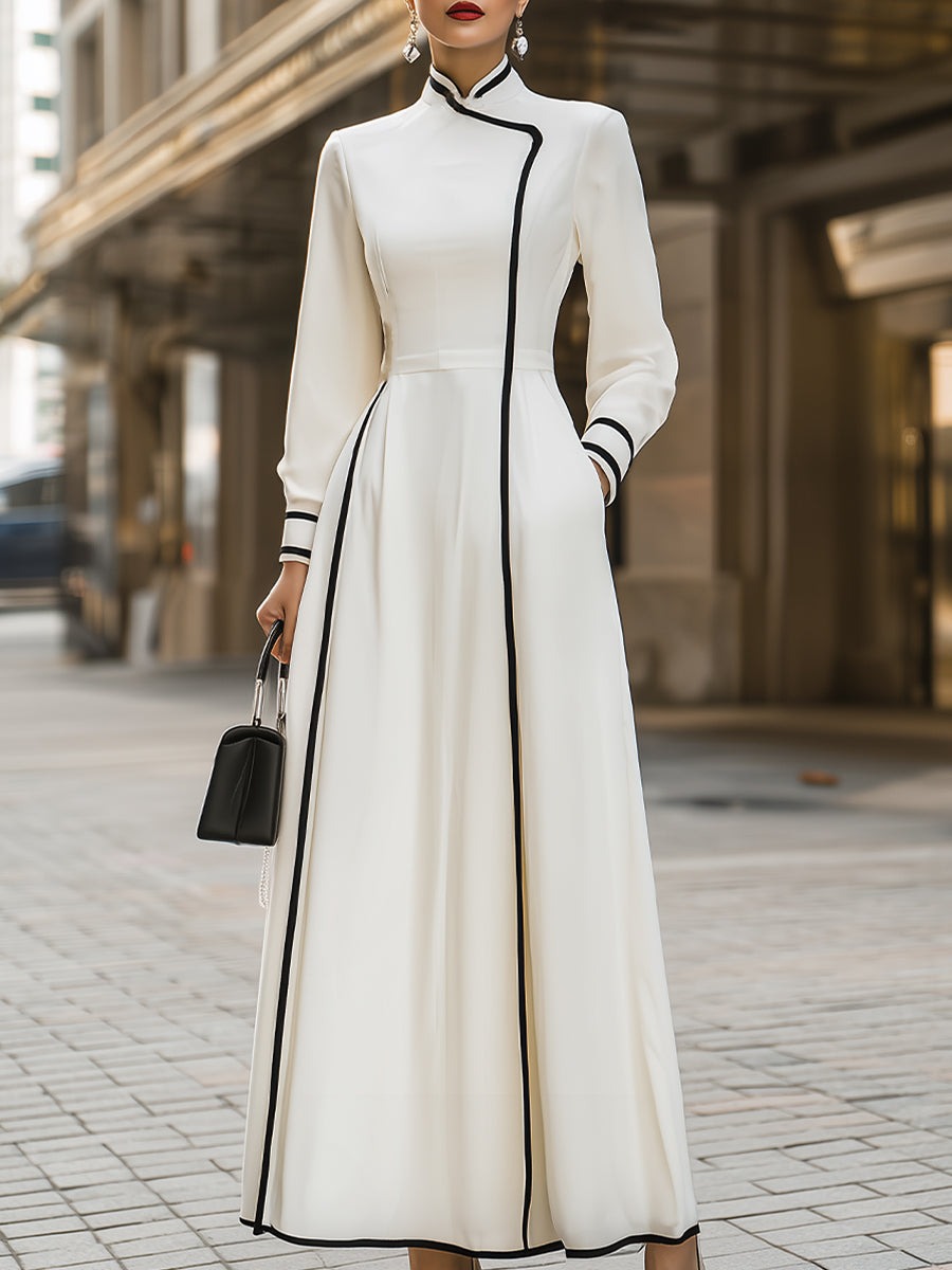 Elegant Mandarin - Collar Maxi Dress With Black Trim