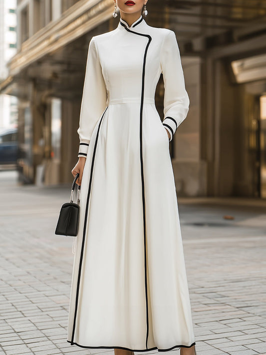 Elegant Mandarin - Collar Maxi Dress With Black Trim