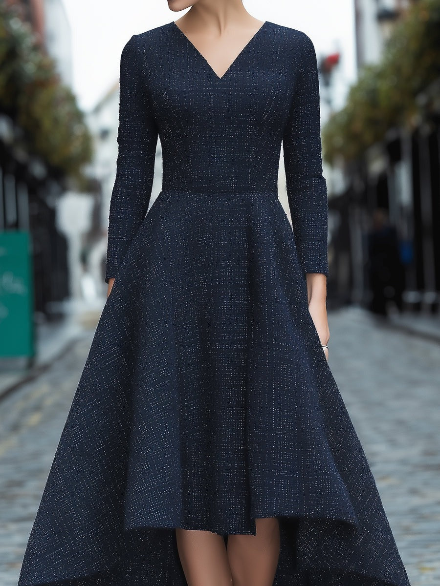 Navy Tweed V-Neck High-Low Hem Dress