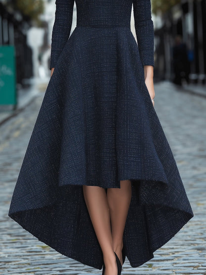 Navy Tweed V-Neck High-Low Hem Dress