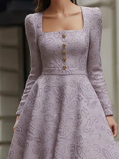 Light Lavender Jacquard Midi Dress With Square Neckline