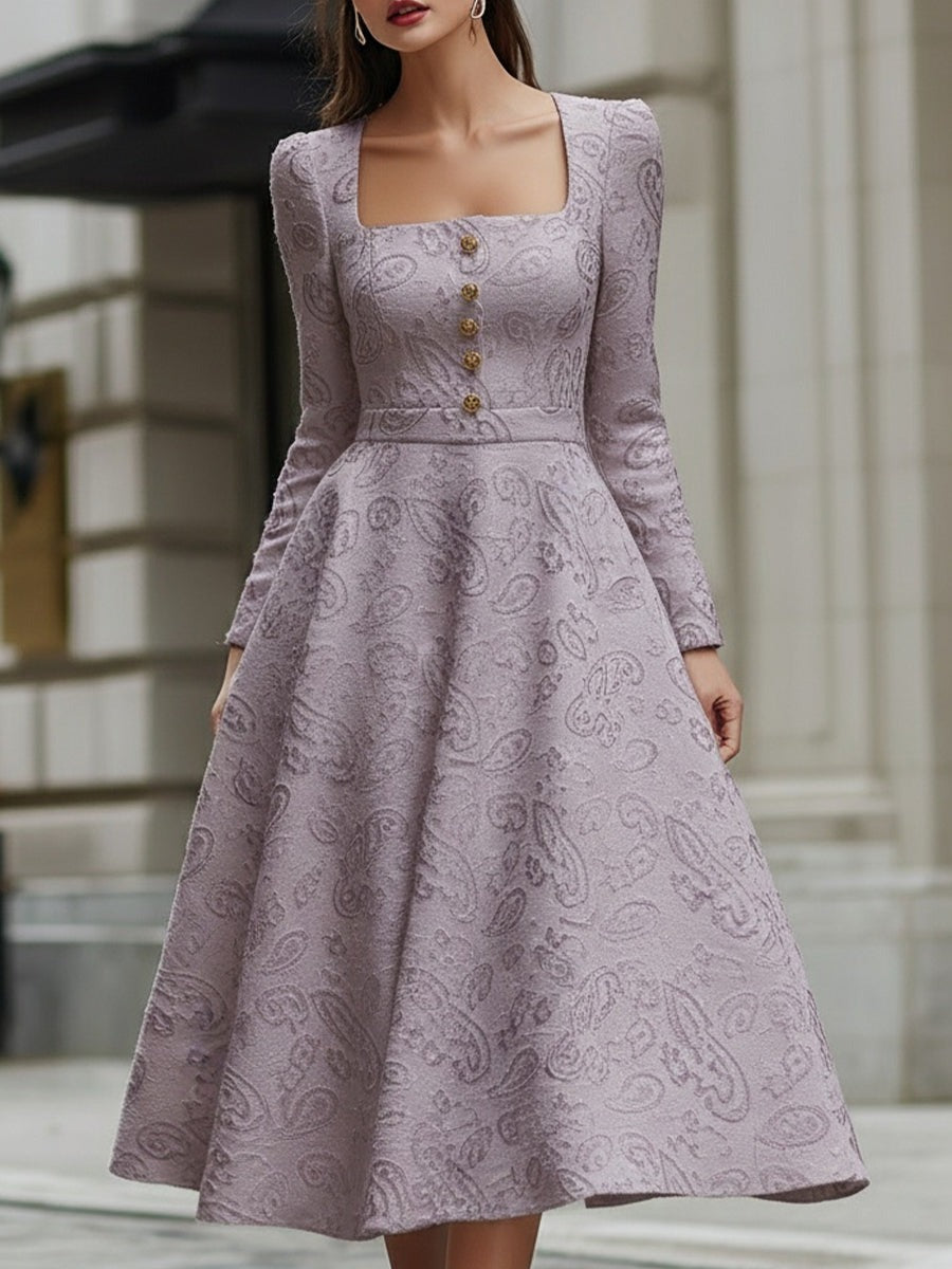 Light Lavender Jacquard Midi Dress With Square Neckline