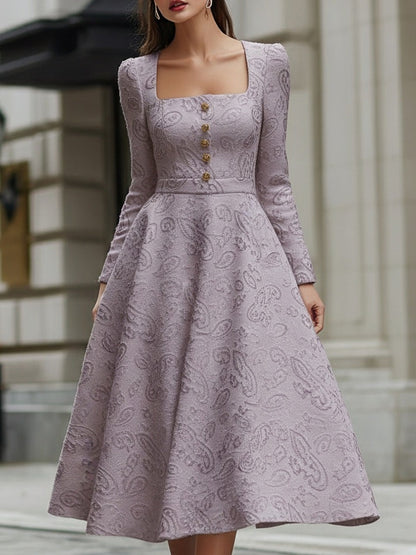 Light Lavender Jacquard Midi Dress With Square Neckline