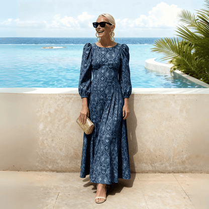 Blue Floral Print Puff-Sleeve Maxi Dress