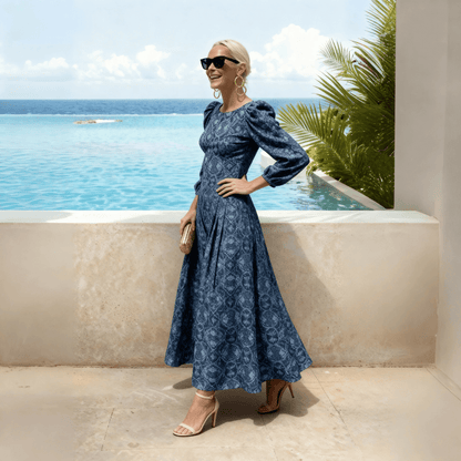 Blue Floral Print Puff-Sleeve Maxi Dress