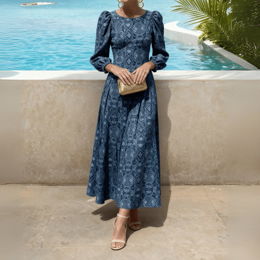 Blue Floral Print Puff-Sleeve Maxi Dress