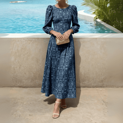Blue Floral Print Puff-Sleeve Maxi Dress