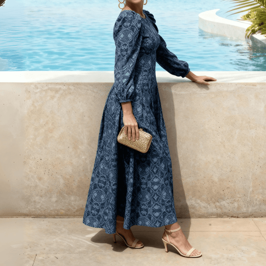 Blue Floral Print Puff-Sleeve Maxi Dress
