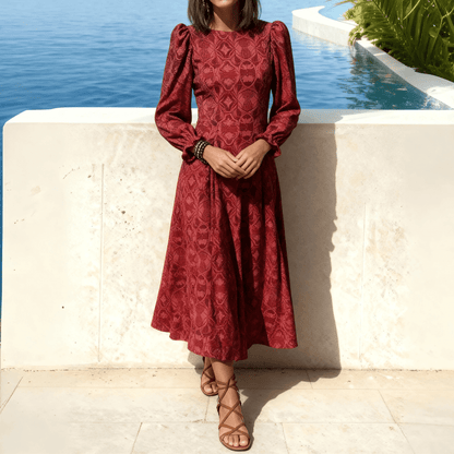 Burgundy Patterned Puff-Sleeve Midi Dress