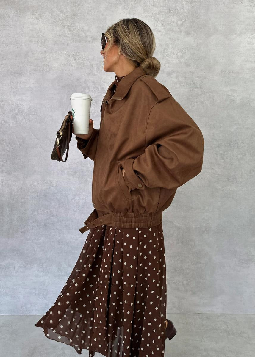Brown Long Sleeve Polka Dot Maxi Dress