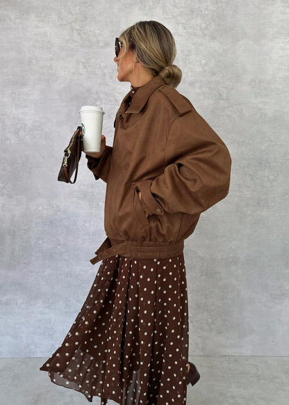 Brown Long Sleeve Polka Dot Maxi Dress