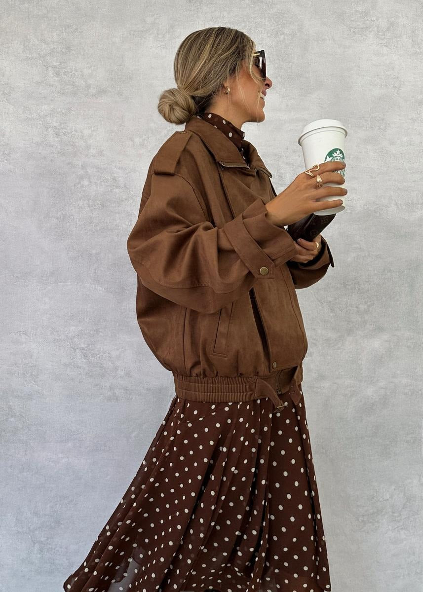 Brown Long Sleeve Polka Dot Maxi Dress