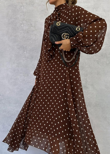 Brown Long Sleeve Polka Dot Maxi Dress