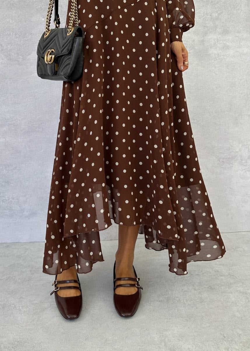 Brown Long Sleeve Polka Dot Maxi Dress