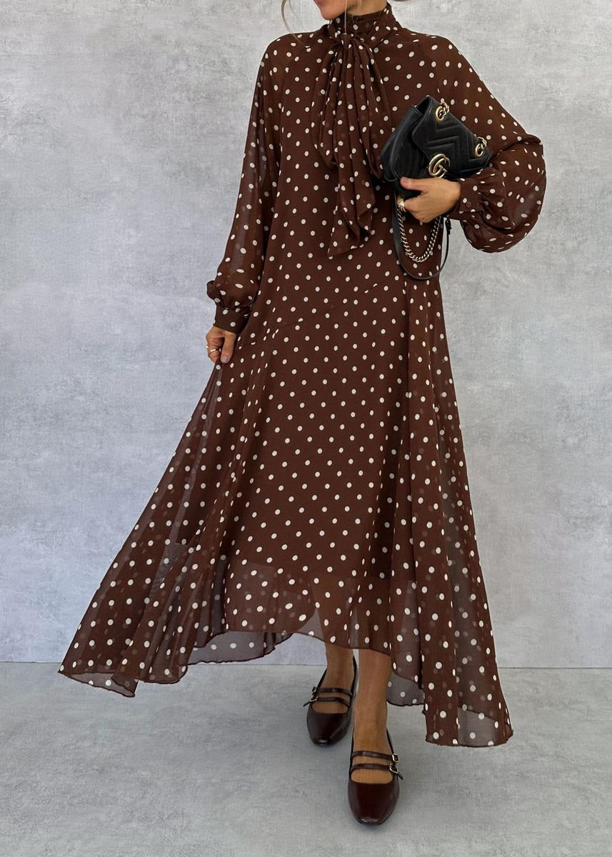 Brown Long Sleeve Polka Dot Maxi Dress