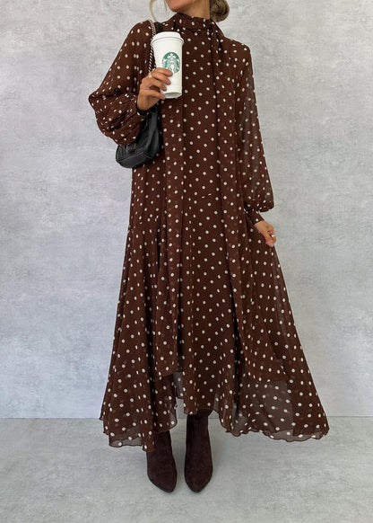 Brown Long Sleeve Polka Dot Maxi Dress