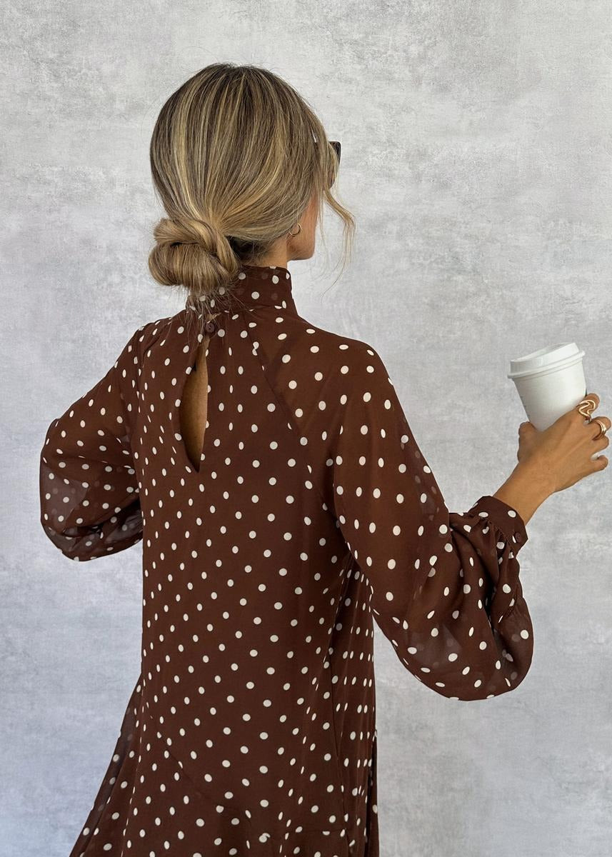 Brown Long Sleeve Polka Dot Maxi Dress