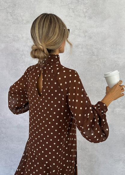 Brown Long Sleeve Polka Dot Maxi Dress